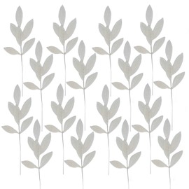 16 Pcs Artificial Glitter Leaves 13.8 Inch Fake Plants Flower Branches Leaf Christmas Tree Picks Sparkling Fillers Sprays for Xmas Wreath Garland DIY Crafts Home Holiday Arrangement Decor (16, White)