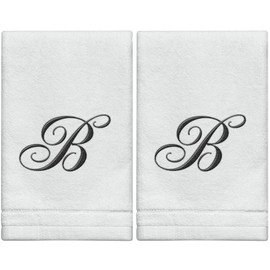 Juego de 2 toallas con monograma, regalo personalizado, 11 x 18 pulgadas, toallas bordadas negras, extra absorbentes, 100% algodón, acabado de terciopelo suave, para baño, cocina, spa, inicial B (blanco)