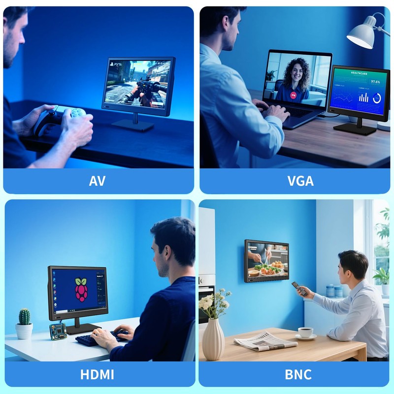 Jexiop 12.5 inch Security Monitor,Small Monitor with Speaker,Remote Control/HDMI/VGA/BNC/RCA Interfaces