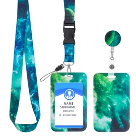 Molain ID Card Holder with Lanyard and Retractable ID Reel Clip, Starry Sky ID Card Holder Set, Retractable ID Key Roll, Breakable Crossbody Lanyards (Star Green)