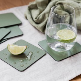 Coaster Set of 4 Olive Green Coasters (10cm x 10cm). Made in The UK from Recycled Leather by Lara-May. Also Called Sage Green Coasters