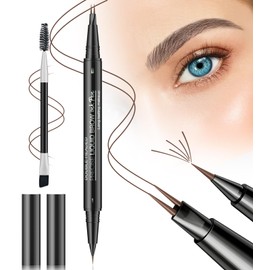 Microblading Eyebrow Pen, Waterproof Eyebrow Pencil Brown Hair Like Natural Liquid Brow Contouring Pen, 2-in-1 Dual-Ended Long Lasting Eye Brow Filler Pencil with Precise Micro-Fork-Tip (Brown)