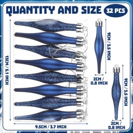 Halloscume 32 Pcs 3.54 Inches Blue Finial Drop Christmas Ornaments Vintage Christmas Ornaments Matte Glitter Xmas Hanging Decor for Tree Decoration Holiday Decor