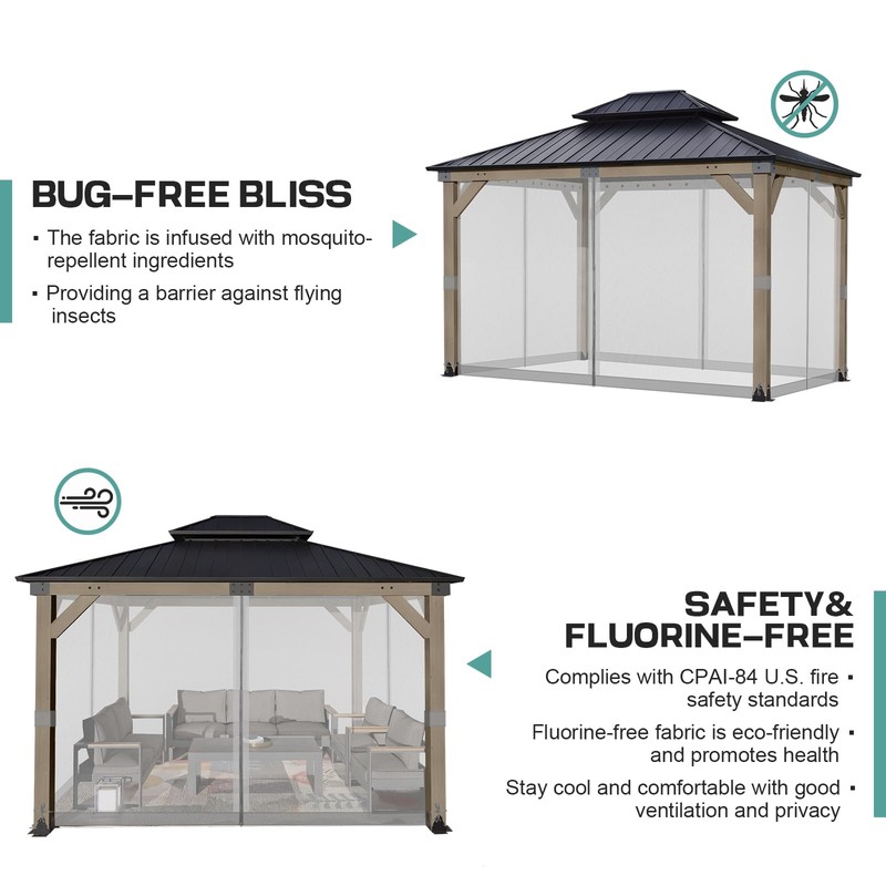 Aoodor Universal 10x12 ft Gazebo Mosquito Netting, Replacement 4-Panel Sidewalls