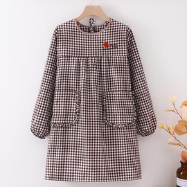 Y&Y&Y Cotton Blend, Long Cooking Gingham Checkered Pattern, Cute, Ruffled, Household Use, Apron, Elastic Cuffs, Pockets, One Size Fits Most, let, Free size