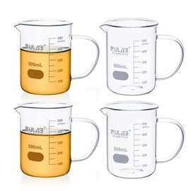 ULAB Glass Beaker with Handle, Vol. 500ml, 3.3 Borosilicate Griffin Low Form with Printed Graduation,Pack of 4,UBG1071