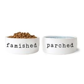 Famished Parched Funny Ceramic Pet Dog Cat Food Bowls Set (Large)