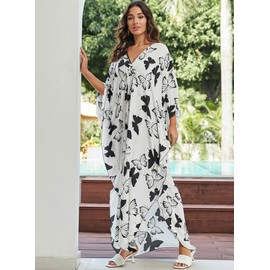 Yanziliu Women Kaftan Dresses Plus Size V-Neck Batwing Sleeves Beach Cover Up 2025 Summer Floral Print Caftan Dress