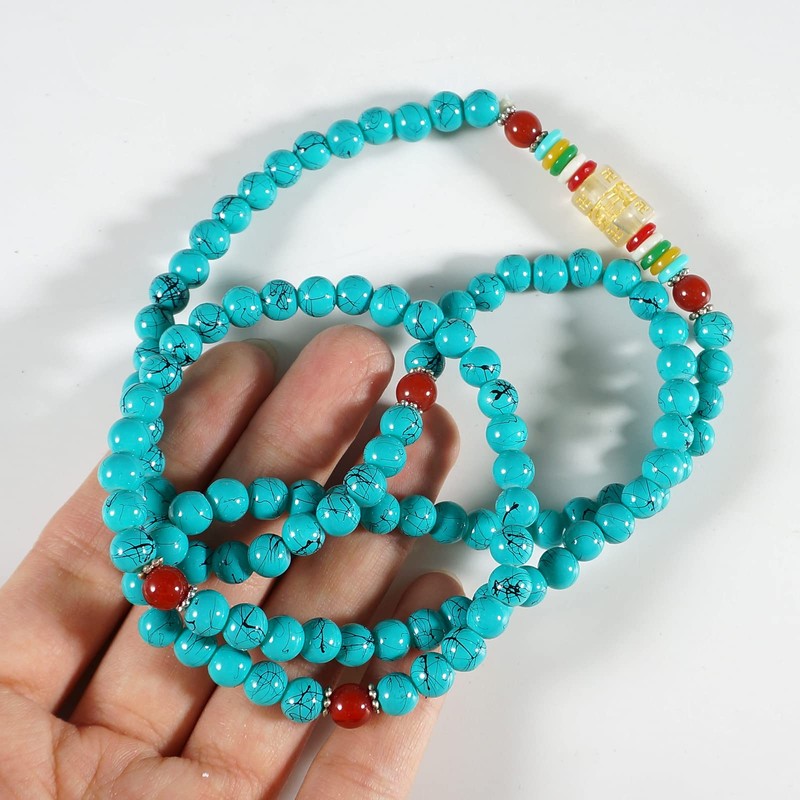 soulnioi 108 Bead Mala Meditation Bracelet Turquoise Four Circle Six-Character