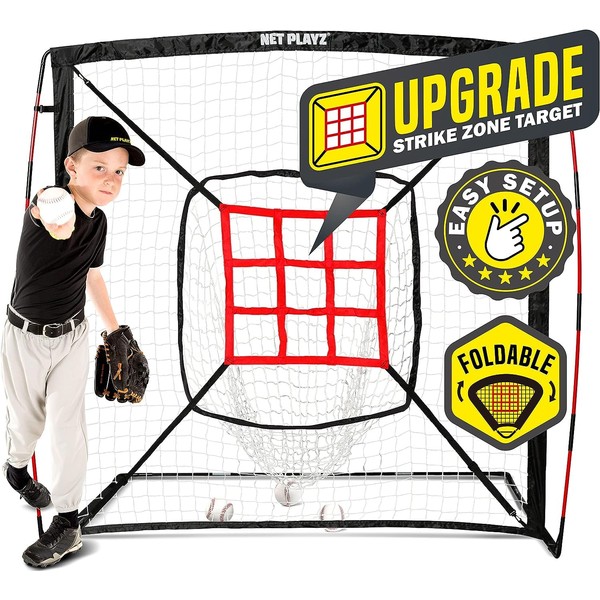 Baseball Net - Pitching Net Hitting Net Batting Practice Net (9 Strike Zone, Portable & Quick-Fold) Baseball Gifts for Kids Children & Teens | Training Aids Equipment 5'x5'