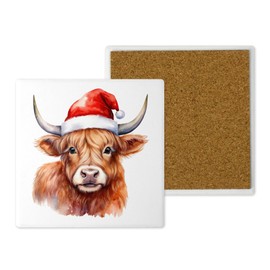 Festive Highland Cow Ceramic Coaster – 10cm x 10cm Handprinted in the UK | Watercolour Santa Hat Design, Christmas Drinks Coaster