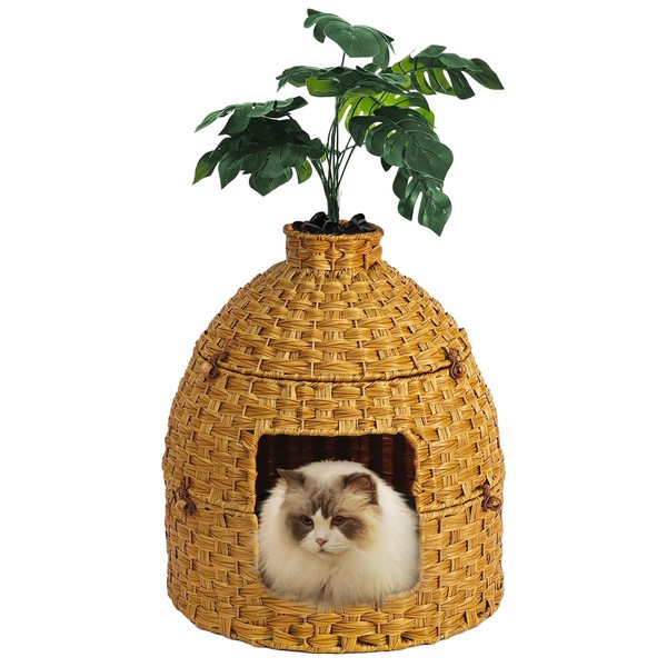 sugitek Cat Hidden Litter Box Enclosure Furniture with Artificial Plants,Handwoven