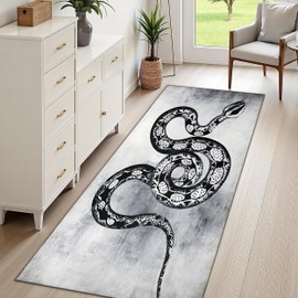 Python Runner Rug 2x6ft Gray Vintage Art Design Soft Washable Delicate Locking Edge Durable Hallway Rug, Gothic Snake Print Bedroom Living Room Office Indoor Entrance Mats