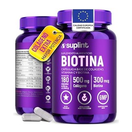 Biotina 300 mcg con Colágeno Hidrolizado 500 mg – Cápsulas Veganas para Cabello, Piel y Uñas – Suplemento Natural de Apoyo Diario – Sin OGM, Sin Gluten, Sin Azúcar – 180 Cápsulas