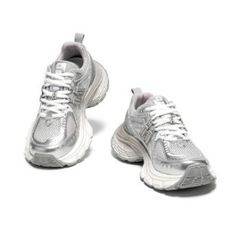 BEAU TODAY Chunky Sneakers for Women, Womens Fashion Sneakers, Lightweight Leather Sneakers for Women, Comfortable Casual Lace-Up Breathable Dad Shoes Silver US 6.5