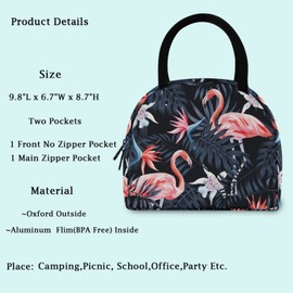 ZzWwR Jungle Dark Leaves Pink Flamingo Insulated Lunch Bag, Reusable Multi-Pocket Container Cooler Tote Bag for Women&Men School Work Picnic Outdoor Travel