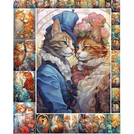 Decoupage Paper Pack (35 Sheets 6"x8") Sweet Little Cats in Love Surrounded by Art Nouveau Flowers FLONZ Vintage Illustration Pictures Cards for Decoupage, Craft and Scrapbooking