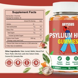ABYSSUS Psyllium Husk Gummies 1500mg, Daily Psyllium Husk Fiber Supplement, Supports Digestive Health & Bloating Relief, Sugar-Free, Peach Flavor, 60 Count