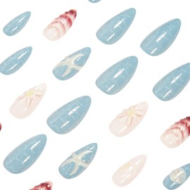 LBPEPAMZ 24Pcs Shell Press on Nails Medium Almond Fake Nails with 3D Starfish Flower Pearl Design Blue Gradient Full Cover Acrylic Nails False Nails Summer Beach Vacation Glue on Nails for Women Decor