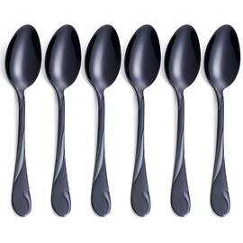 Black Dinner Spoon Set, Seeshine 7.6-inch Stainless Steel Shiny Black Soup Table Spoon Silverware, Set of 6