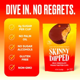 SkinnyDipped Milk Chocolate Peanut Butter Cups, 4g Sugar, Low Sugar, No Palm Oil, Gluten Free, 3.17 Ounce Bag, 1 Pack (6 Cups Total)