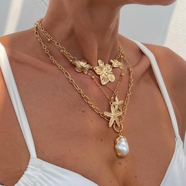 GYRMMUE Chunky Gold Necklace for Women,Vintage Starfish Flower Pendant Necklaces Bohemian Petal Choker Trendy Statement Y2k Preppy Summer Necklace Jewelry (Gold)