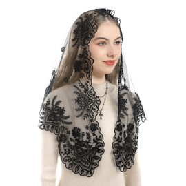 Bozidol Mantilla Triangular Camellia Mary Virgin Veil for Women, Lace Embroidered Catholic Church Veils for Mass Holy Communion, Elegant Black Design