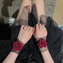 Lamerry Arm Cover, Lace, Sleeves, Short, Wrist Cuff, Rose, Mine Type, Wrist Accessory, Wristband, Lolita, Decorative, Women's Black, Black, Free size