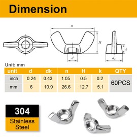 Mrosnail 60Pcs M6 Wing Nuts Kit - Stainless Steel Butterfly Wingnuts for Secure Hand Twist Fastening, Durable Construction