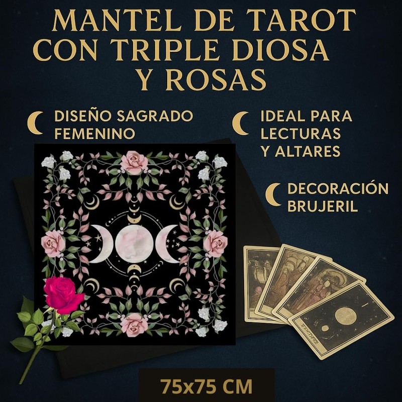 Mantel de Tarot 75x75 cm con Triple Diosa y Rosas