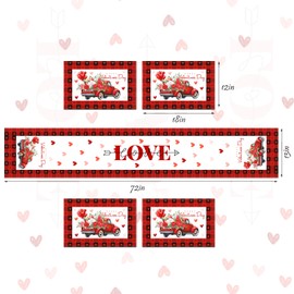5 Pack Valentines Decoration Sets Valentines Day Table Runner and Placemats Buffalo Plaid Heart Rose Truck Table Covers Love Tablecloth Anniversary Wedding Holiday Kitchen Dining Table Decoration