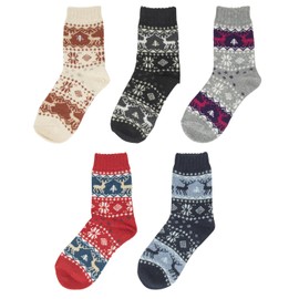 CHEERYMAGIC Thermal Socks for Women, 5 Pairs Thick Ladies Winter Warm Wool Socks Vintage Reindeer Socks Christmas Socks Soft Bed Socks for Women Girls Home Office School Xmas Gifts A7XLW