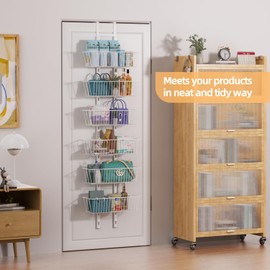 6 Tier Over the Door Pantry Organizer, Foldable Metal Over the Door Hanging Spice Rack with 6 Baskets, Adjustable Hanging Storage Rack for Kitchen, Bedroom, Laundry Room, Bathroom Essentials, White