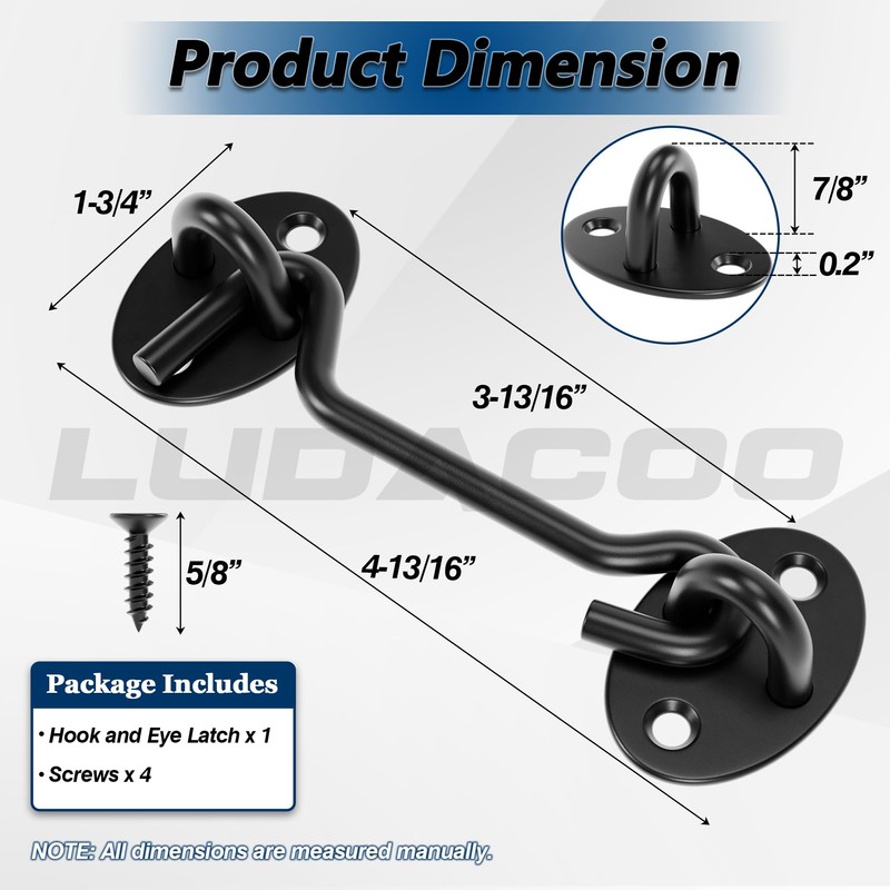 LUDACOO 4" Hook and Eye Gate Latch, Sturdy Thickened Barn