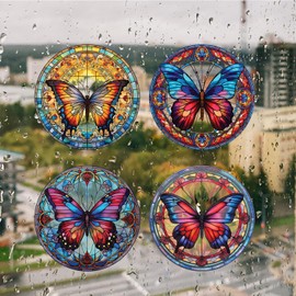 WBQMUNY 4 Sheets Stained Hummingbird Window Clings, Anti-Collision Decals to Prevent Bird Strikes on Glass, Non-Adhesive Vinyl Cling Stickers