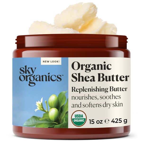Sky Organics Organic Shea Butter for Body & Face USDA Certified Organic, 100% Raw & Unrefined to Soften, Smooth & Boost Radiance, 15 Ounce.