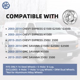 Paanlok 16in ABS Wheel Covers for 2003-2014 Chevy Express/Savana G1500 G2500 G3500 H1500 | 2015-2025 Express/Savana 2500 3500 | OEM-Style Wheel Skins (4-Pack) with Anti-Rust Clips (Chrome Silver)
