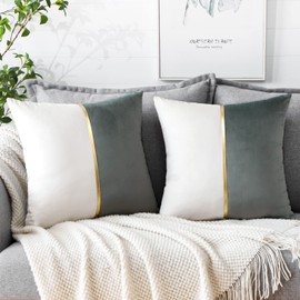 Artscope Grey White Velvet Cushion Covers with Gold Leather Patchwork Luxury Modern Minimalist Square Pillowcase Throw Pillow Covers for Living Room Bed Couch Sofa 45x45cm Set of 2