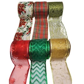 6 Rolls 36 Yards Assorted Christmas Ribbon Wired Set of Christmas Tree Ribbon Wired Christmas Ribbon for Gift Wrapping and Bows Wired Ribbon for Christmas Tree Elegant Gift Ribbon Garland