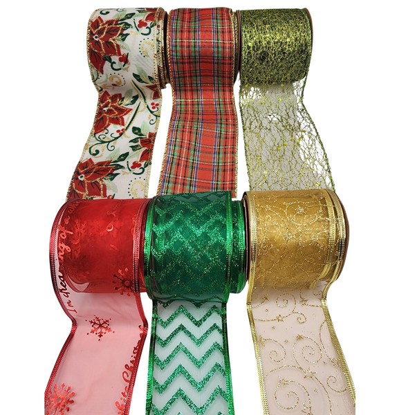 6 Rolls 36 Yards Assorted Christmas Ribbon Wired Set of