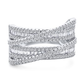 Personalise the Art Deco Style with Pave AAA CZ Crossover Criss Cross Costume False Stacking Broadband Ring with 4 Rows Baguette Multi Band for Women, Silver Plated with Rhodium, Customisable, Cubic
