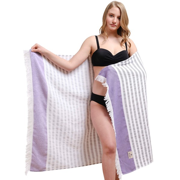 American Soft Linen Peshtemal Towel, 100% Cotton Turkish Peshtemal 35x60 in Oversized Swim Towels, Light Weight Quick Dry Sand Free Beach Pool Towels, Purple
