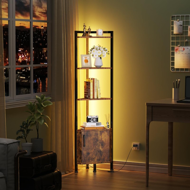 Furnulem Corner Shelf,5-Tier Corner Cabinet with Storage and LED Light,