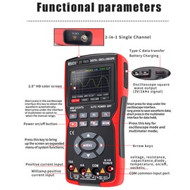 2in1 Digital Oscilloscope Multimeter 48MSa/s Sampling Rate 10Mhz Bandwidth 9999 Counts True RMS 2.8inch IPS Color Display Multimetro with Voltage Current Resistance Capacitance Diode Frequency Temperature Measurement Function