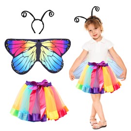 HONMOK 3 PCS Kids Butterfly Wings Costume, Butterfly Outfit with Butterfly Cape Wings & Magic Wand Headband & Tutu Skirt, Fairy Fancy Dress Costume for 3-10y Girls Carnival World Book Day