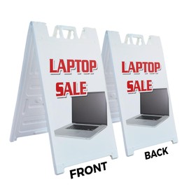 A-Frame Sidewalk Laptop Sale 24" x 36" Double Sided A-Frame Sidewalk Sign, Includes 2 Installed Vinyl Decals | Foldable Portable White Signicade Sandwich Board Signs