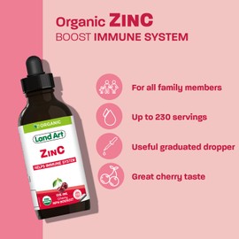 Land Art Certified Organic ZINC - Up to 230 Servings - Kids & Adults - Zinc with Vitamin C - Immunity & Energy - Vegan - Sugar Free - Cherry Flavour - Made in Canada