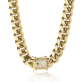 TRIOD JEWELRY 5 Times Real Gold Plated Solid Miami Cuban Link Chain- Stainless Steel Simulated Diamond Clasp- 8mm to 14mm Various Length (12mm30inches)