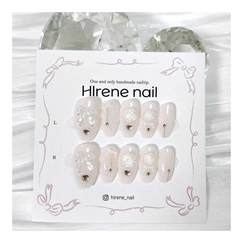 Wedding Rose Ribbon Nail - Almond / 웨딩 로즈 리본