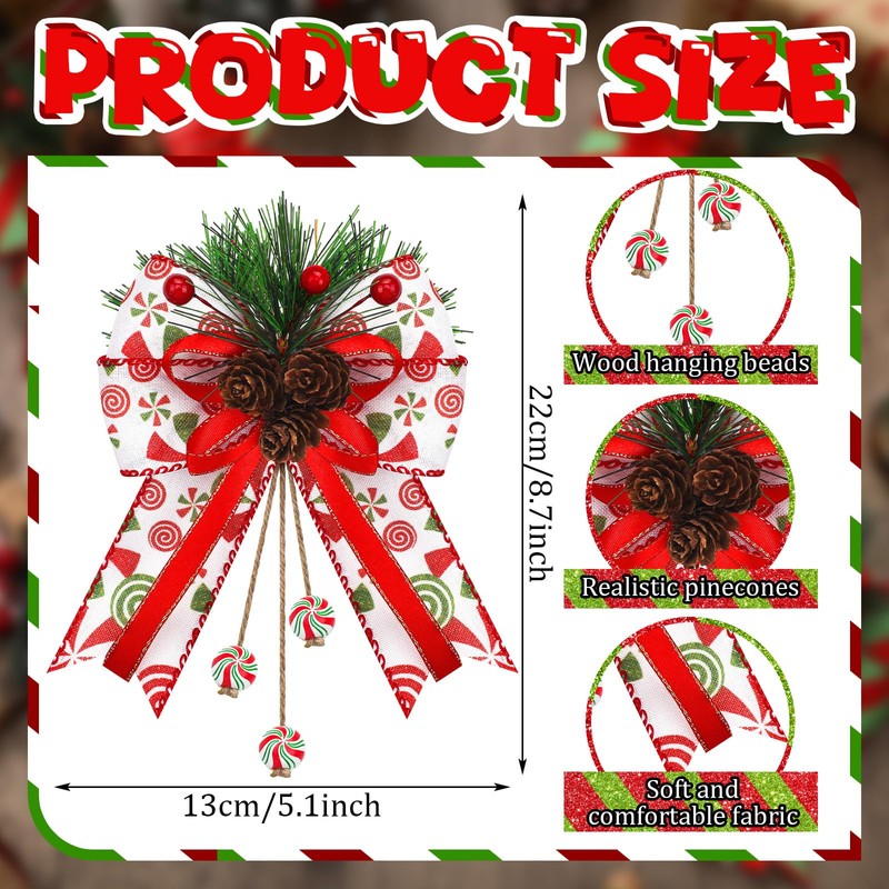 4 Pcs Christmas Bow Decor Glitter Dot Bow Ornament, Green,